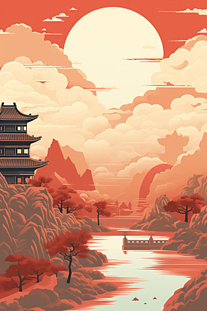 国庆建筑灯火里的中国辉煌插画