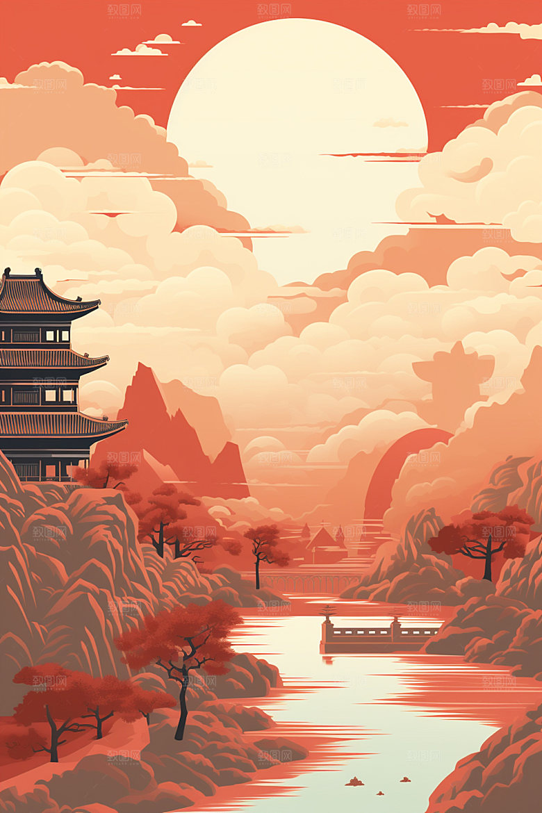 国庆建筑灯火里的中国辉煌插画