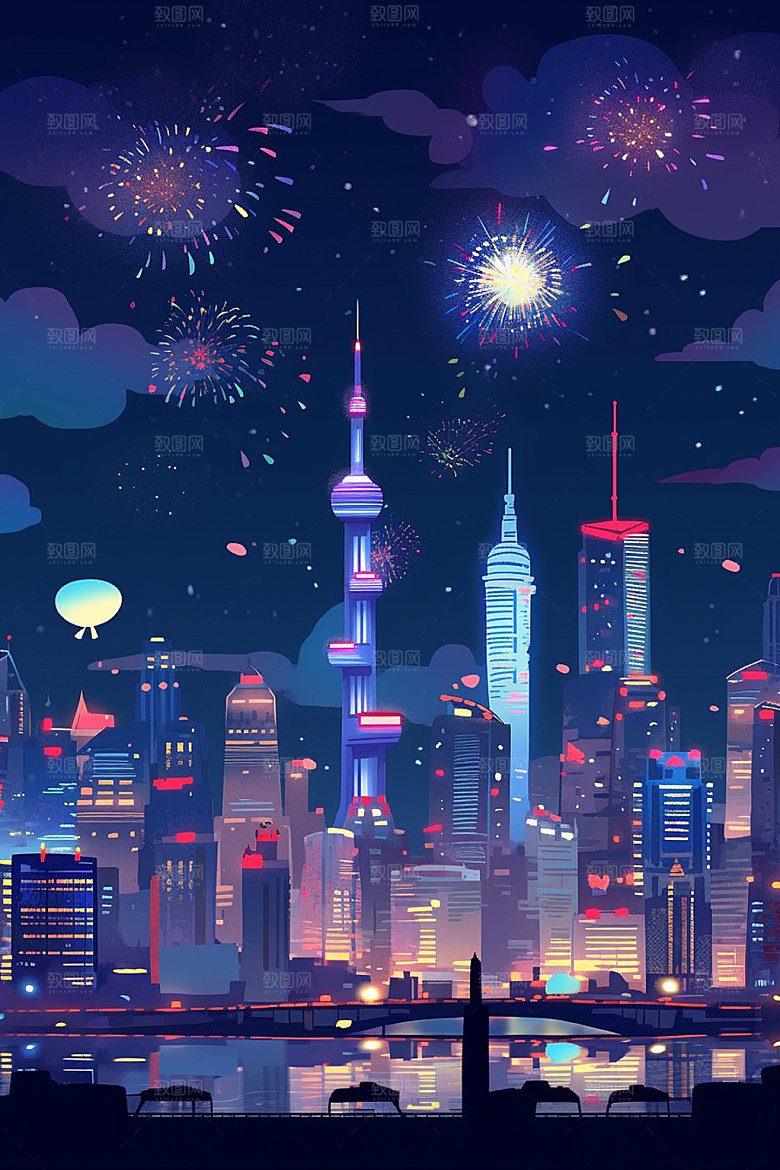 国庆建筑喜庆张灯结彩插画