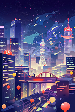 国庆建筑灯火里的中国辉煌插画