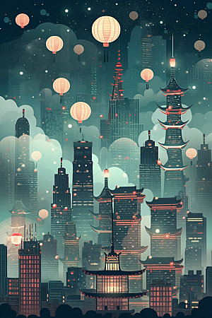 国庆建筑灯火里的中国灿烂插画
