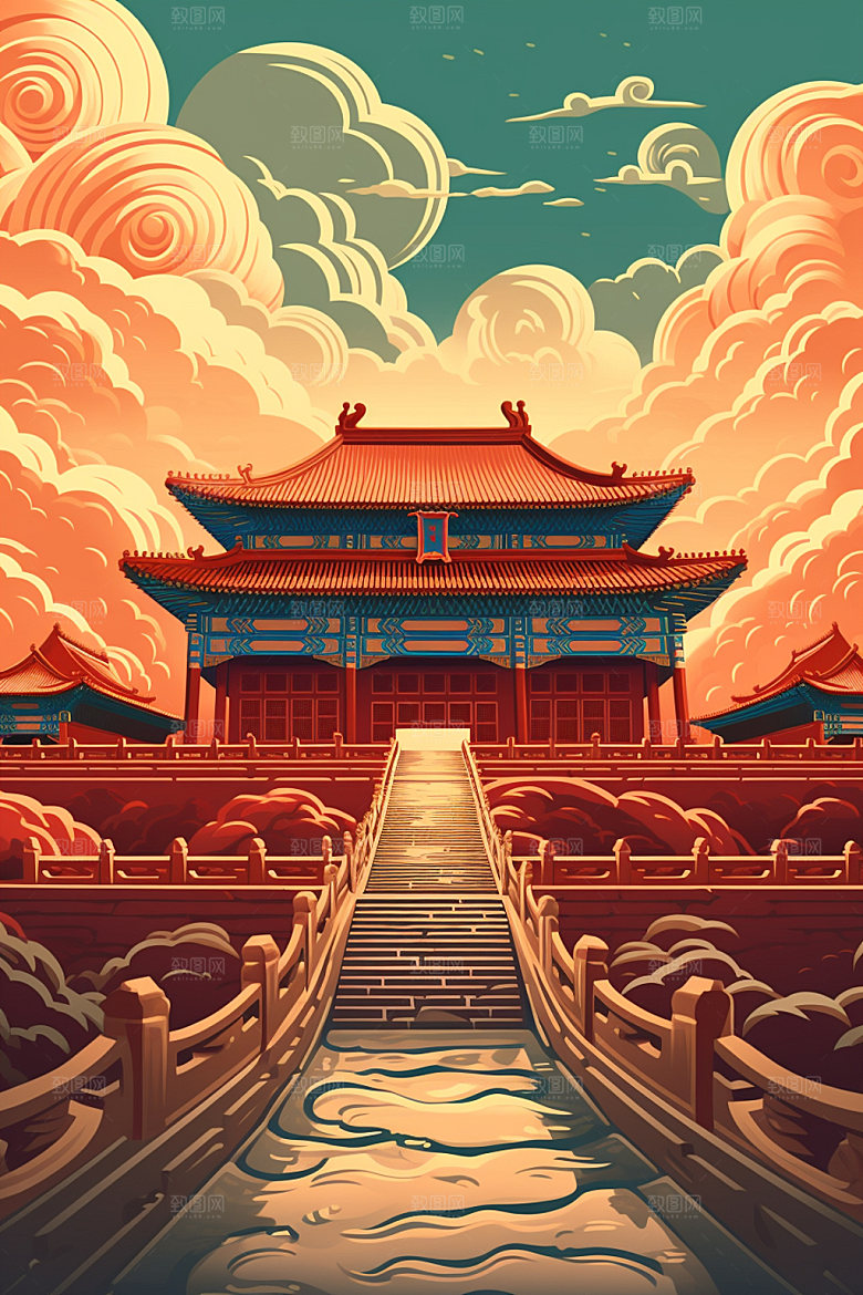 国庆建筑场景张灯结彩插画