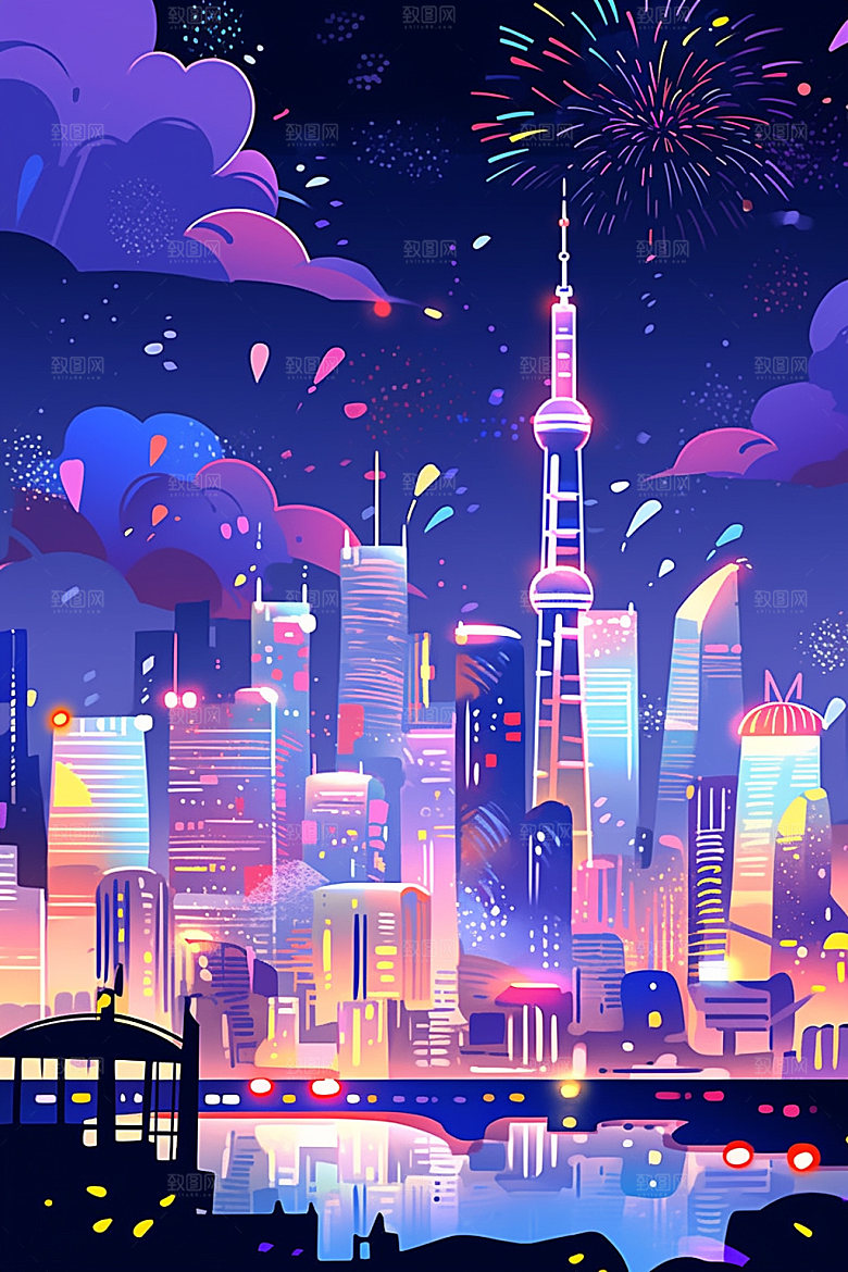 国庆建筑灯火里的中国喜庆插画