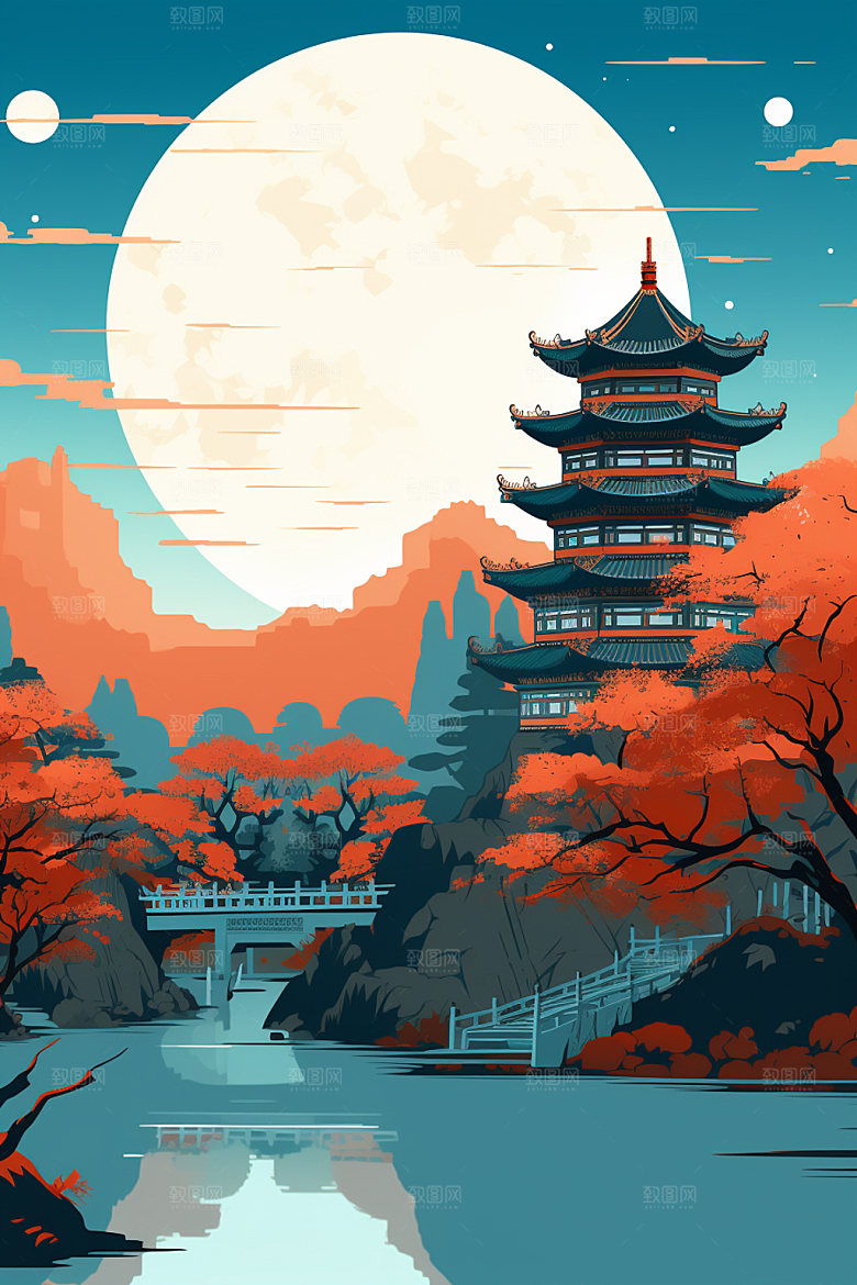 国庆建筑灯火里的中国辉煌插画