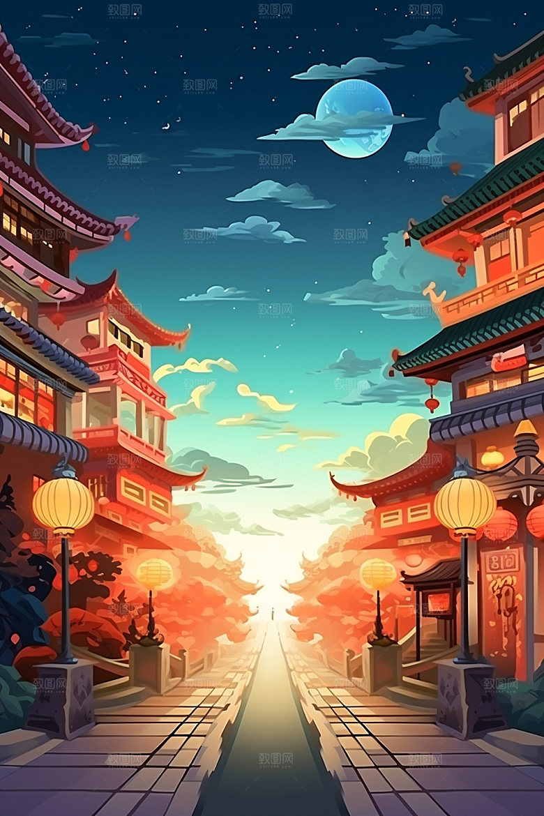 国庆建筑喜庆张灯结彩插画