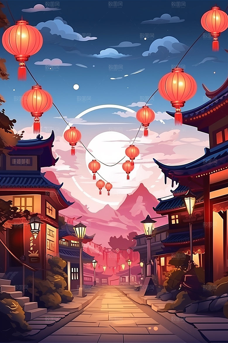 国庆建筑灯火里的中国场景插画