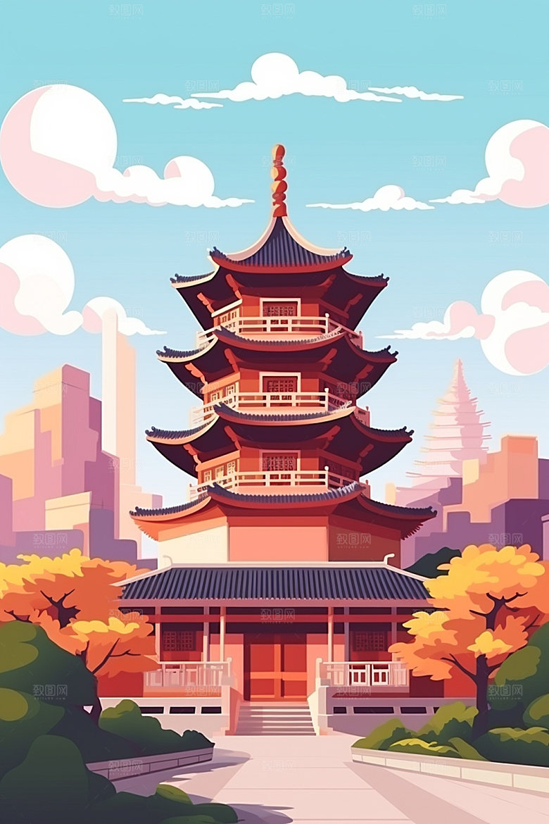 国庆建筑张灯结彩灯火里的中国插画