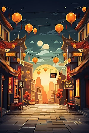 国庆建筑张灯结彩灯火里的中国插画