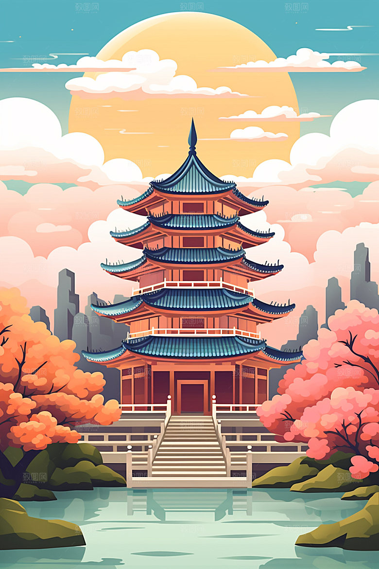 国庆建筑张灯结彩场景插画