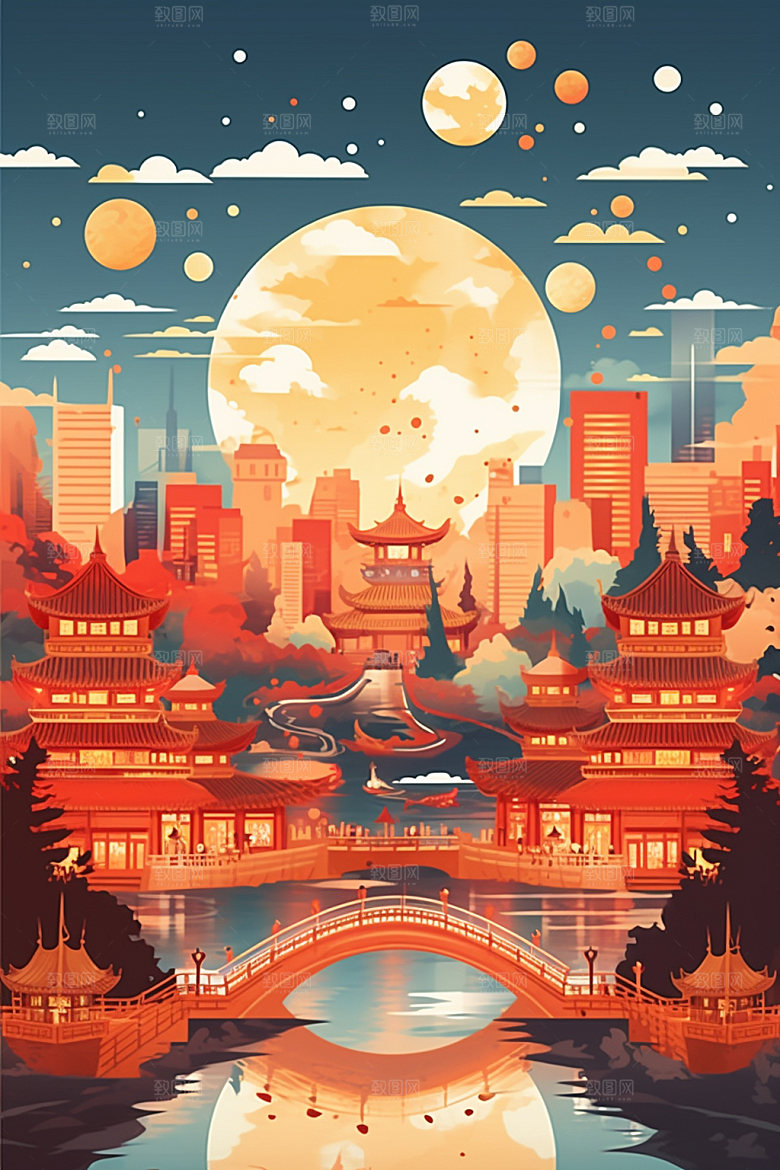 国庆建筑张灯结彩喜庆插画