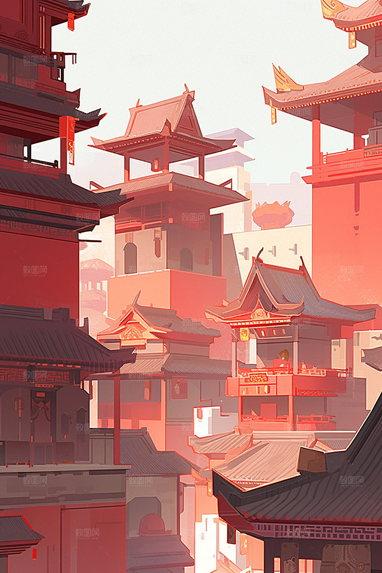 国庆建筑辉煌灯火里的中国插画