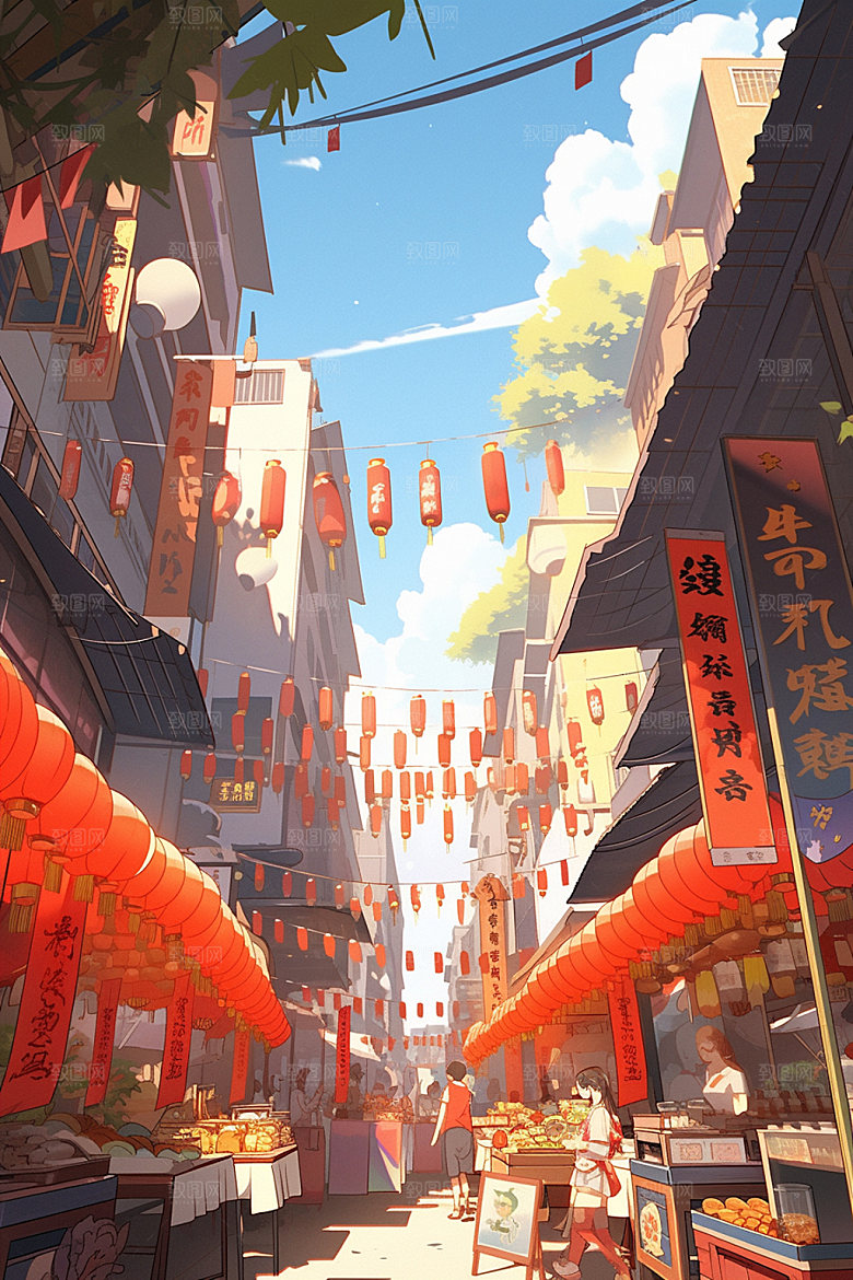 国庆建筑场景张灯结彩插画