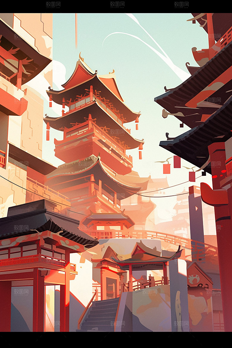 国庆建筑灿烂灯火里的中国插画