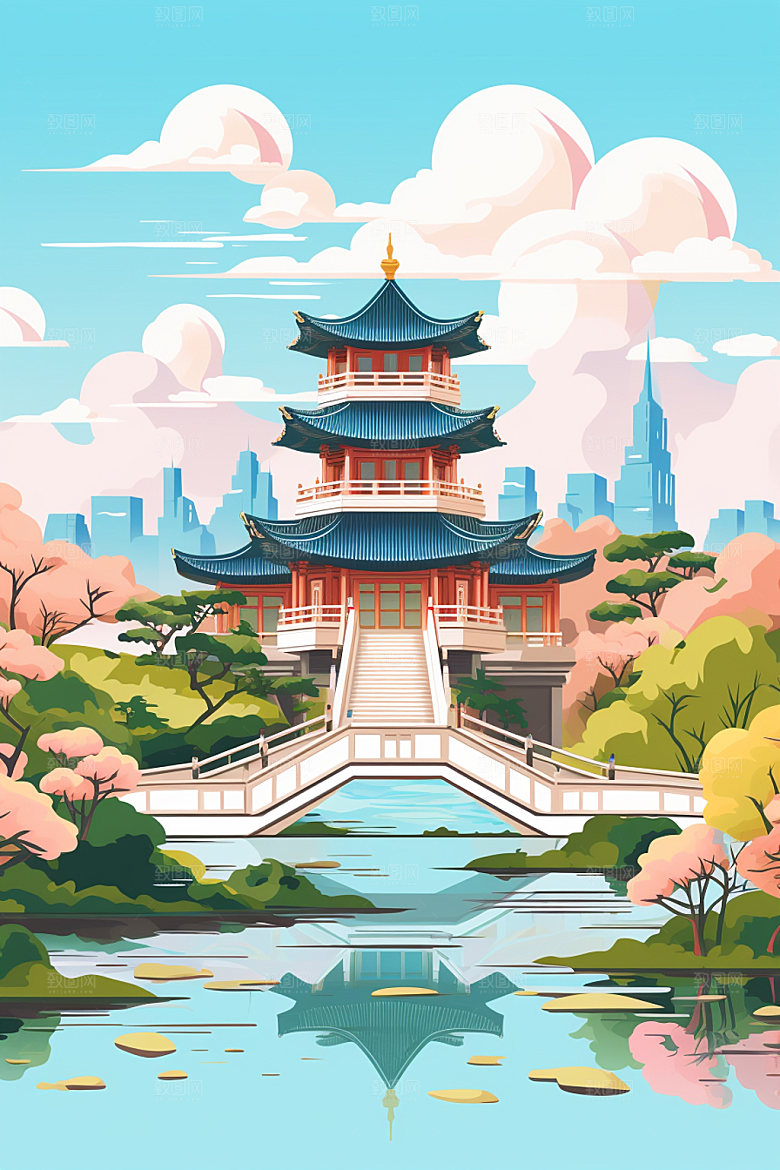 国庆建筑场景灯火里的中国插画