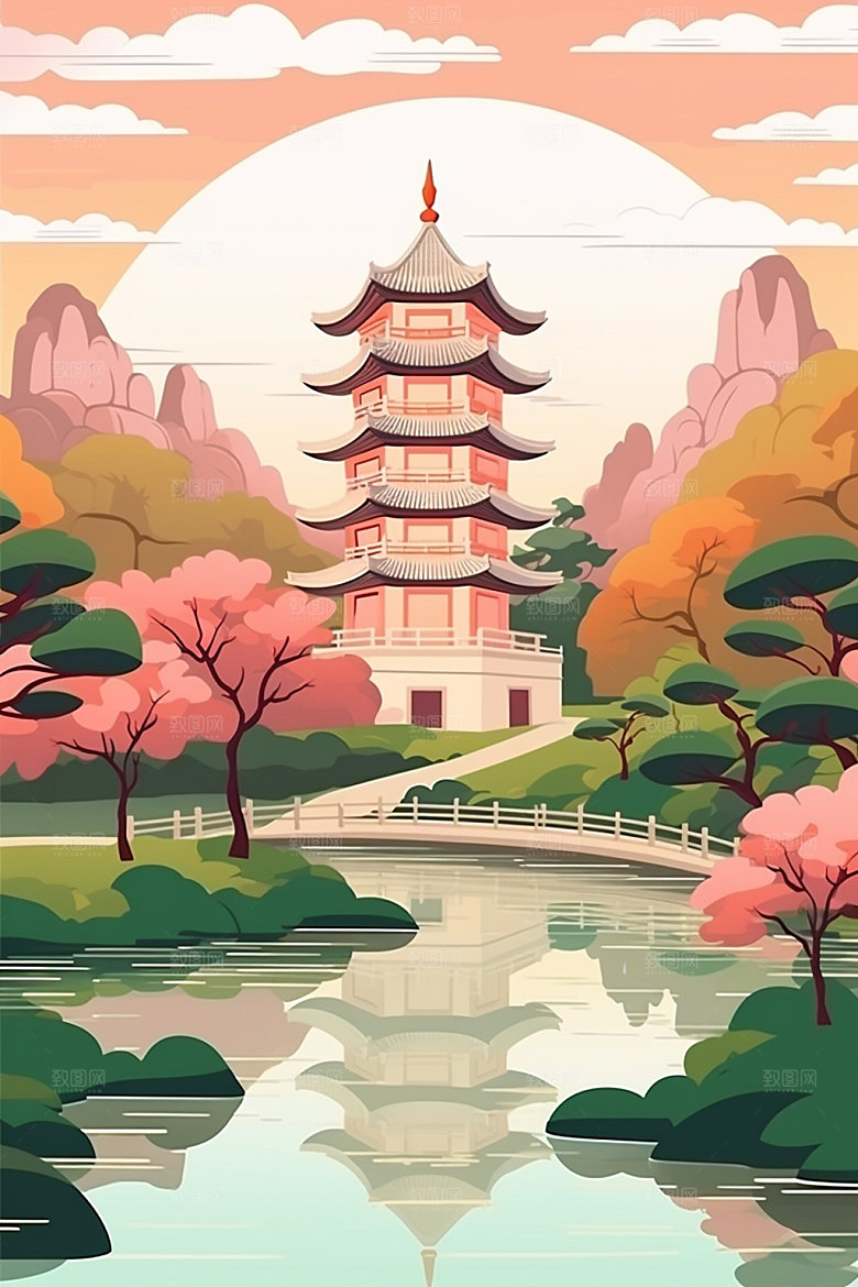 国庆建筑张灯结彩灯火里的中国插画