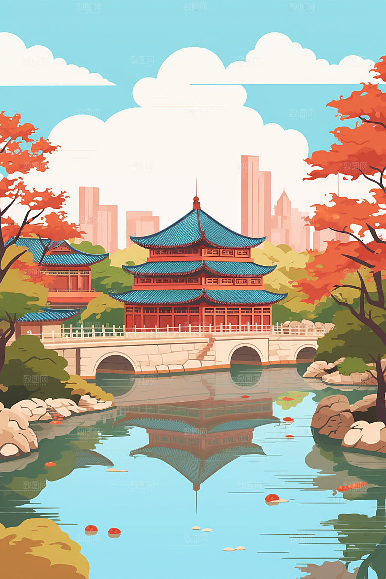国庆建筑辉煌场景插画