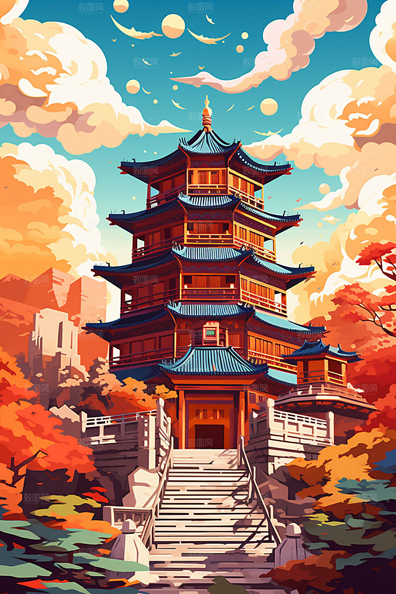 国庆建筑张灯结彩灯火里的中国插画