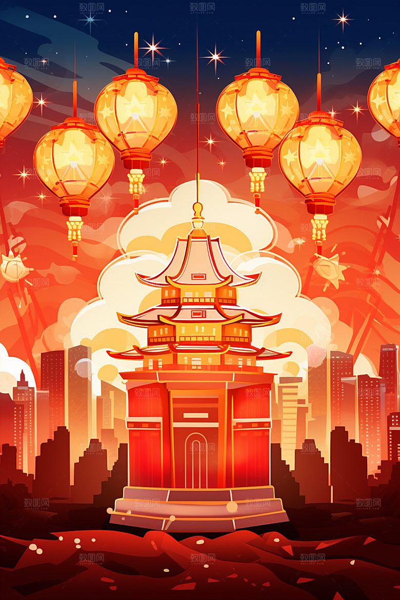 国庆建筑张灯结彩喜庆插画