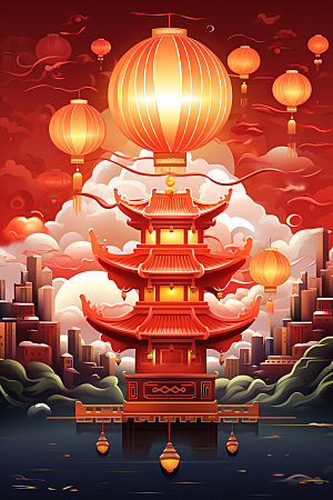 国庆建筑灯火里的中国辉煌插画