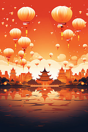 国庆建筑喜庆灯火里的中国插画