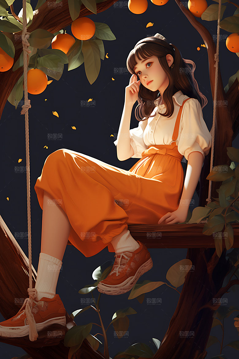 果树上的女孩清新秋季插画