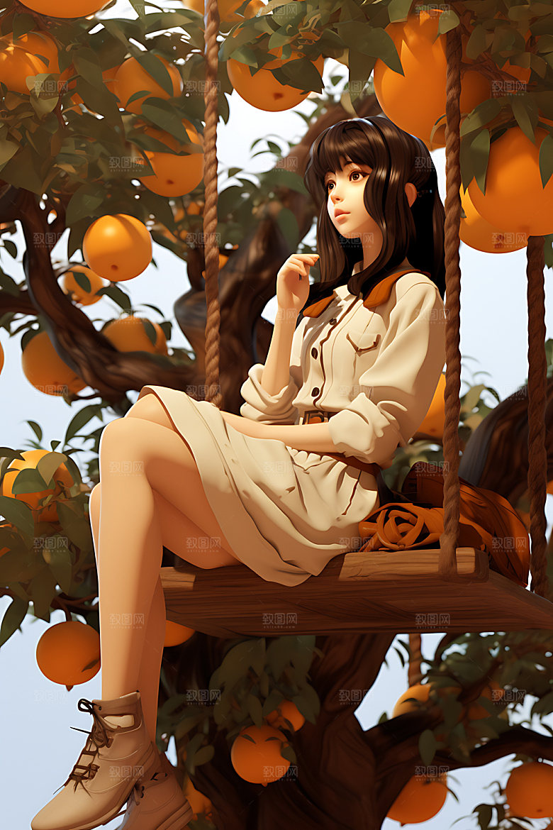 果树上的女孩清新高清插画