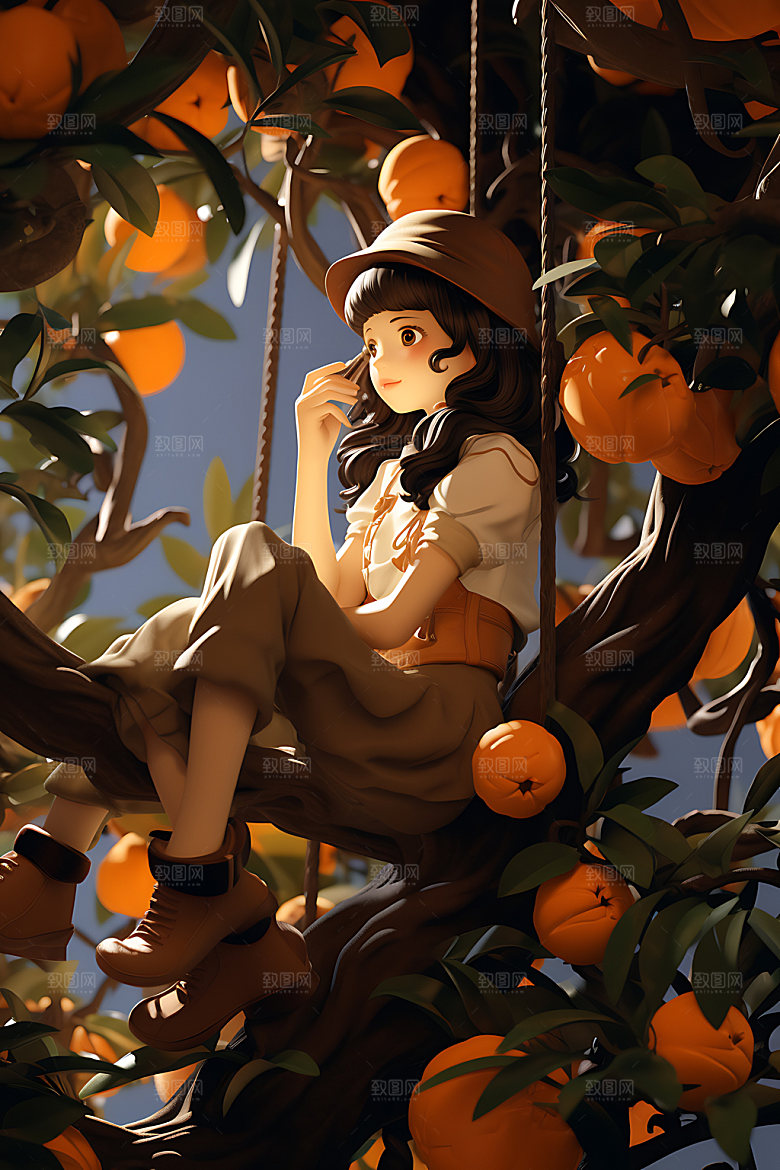 果树上的女孩少女秋天插画