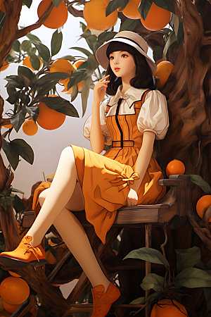 果树上的女孩秋天自然插画