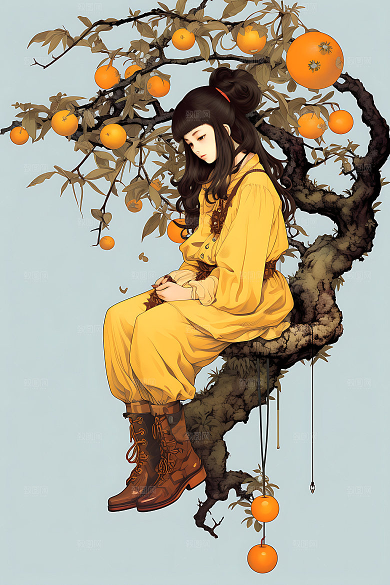 果树上的女孩自然清新插画