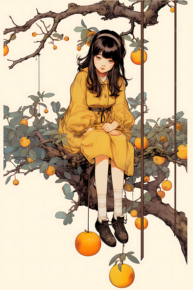 果树上的女孩清新少女插画
