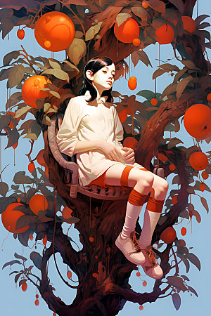 果树上的女孩秋季可爱插画