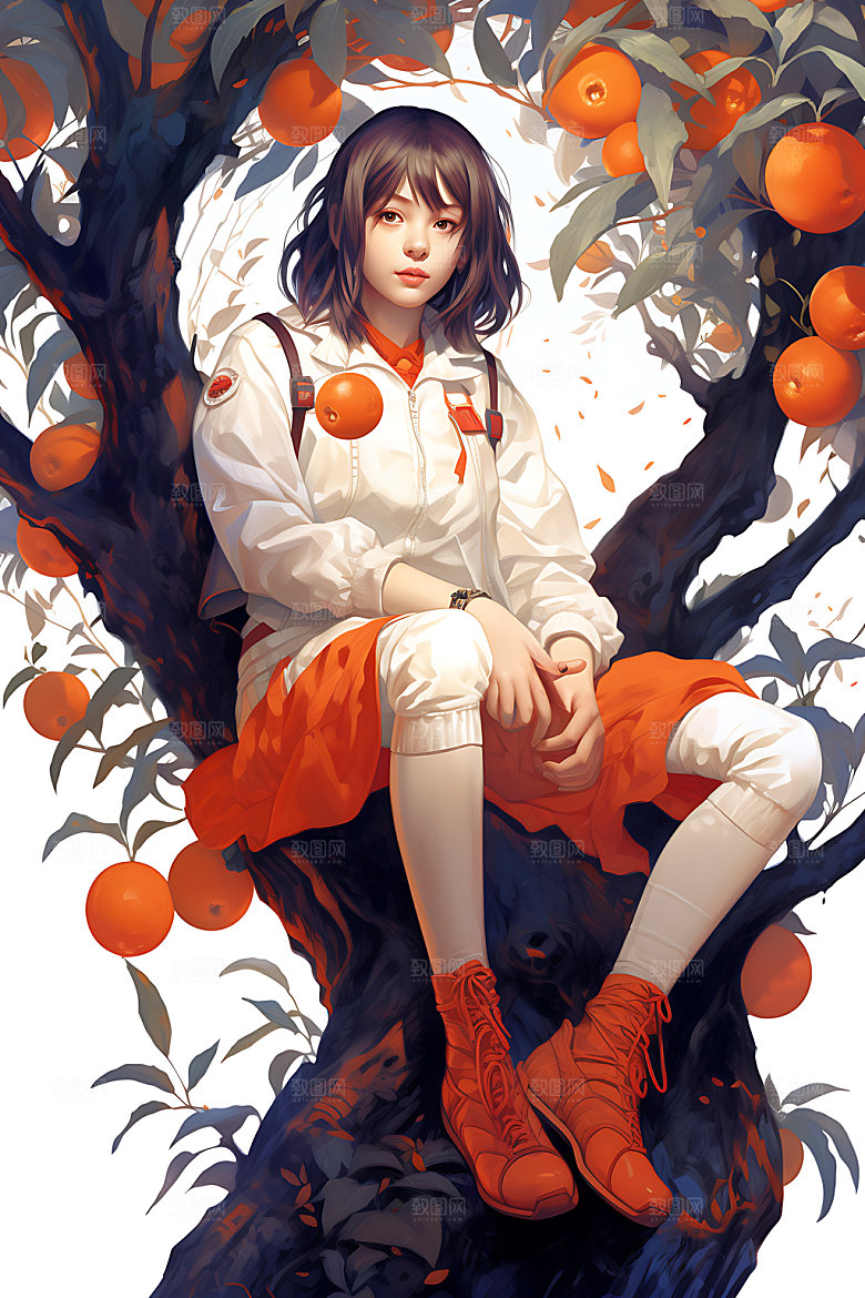 果树上的女孩秋季自然插画