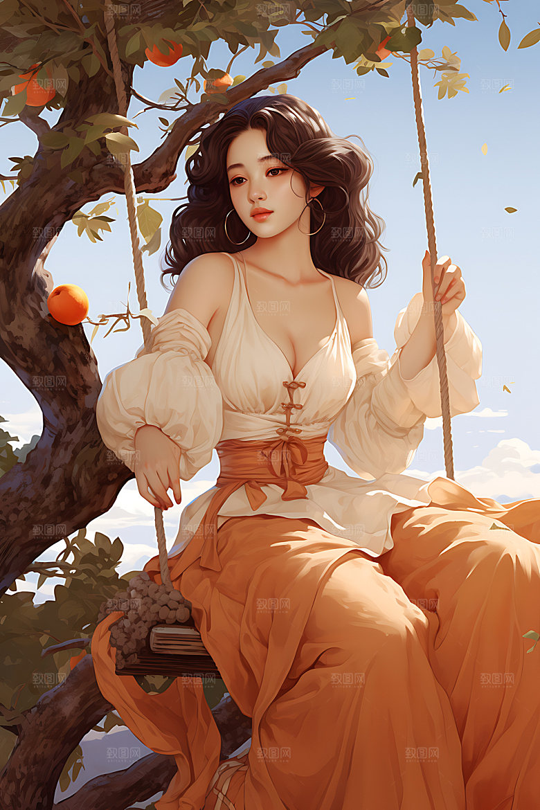 果树上的女孩清新少女插画