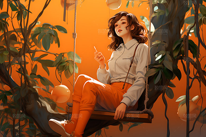 果树上的女孩高清秋季插画