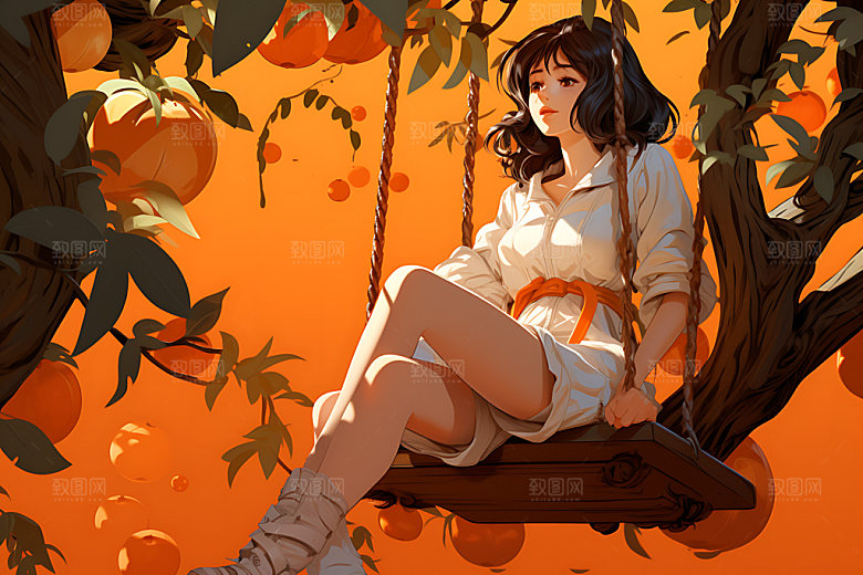 果树上的女孩秋天自然插画