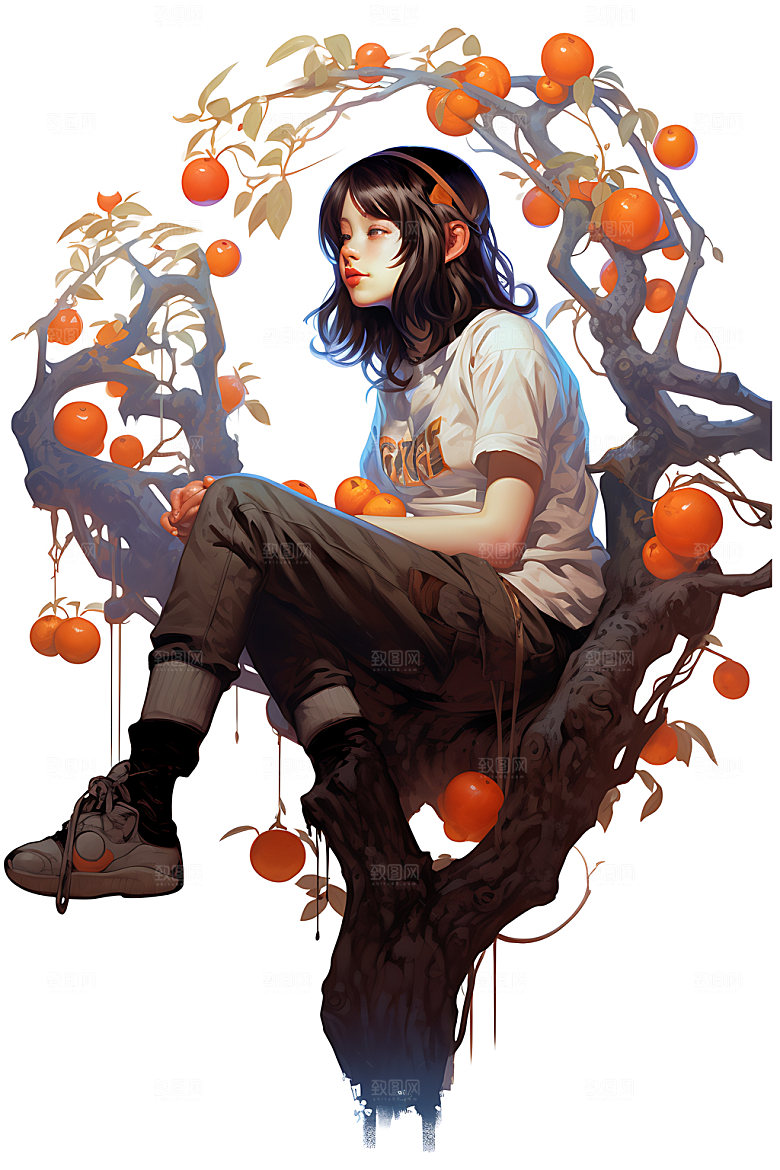 果树上的女孩可爱自然插画