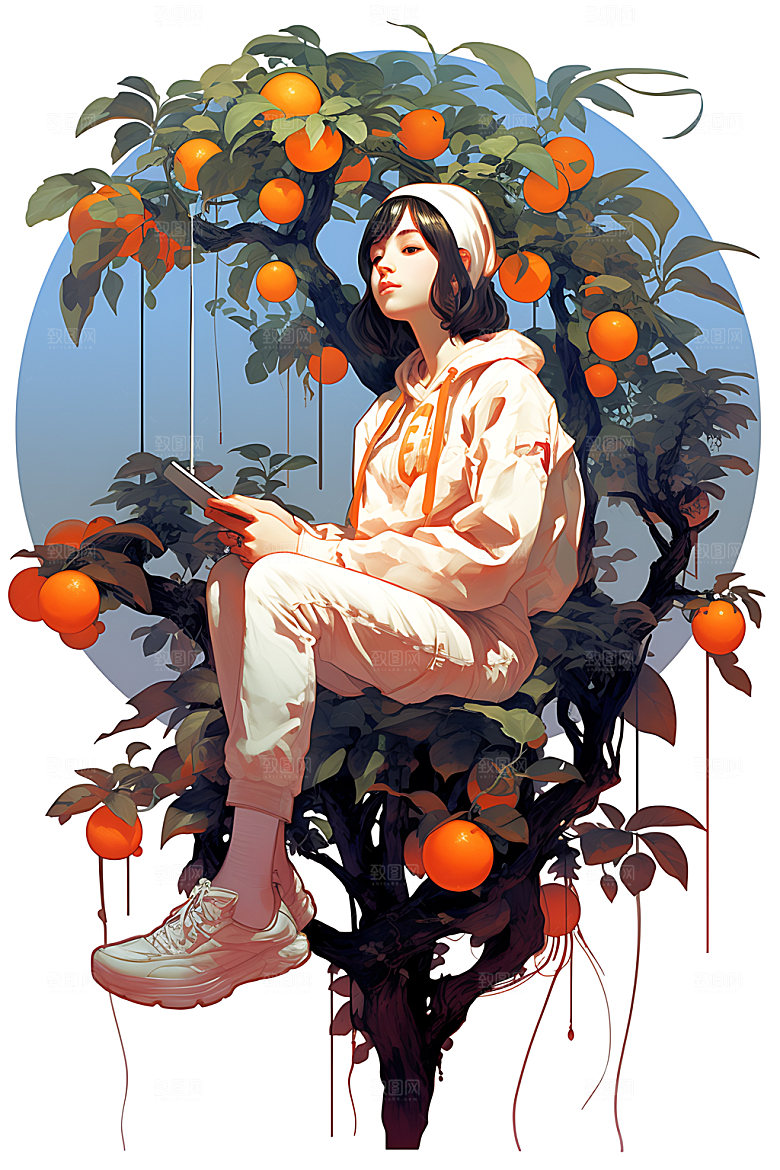 果树上的女孩立秋高清插画