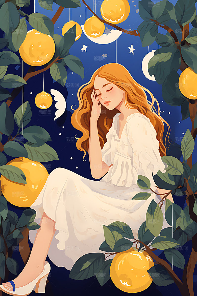 果树上的女孩高清立秋插画