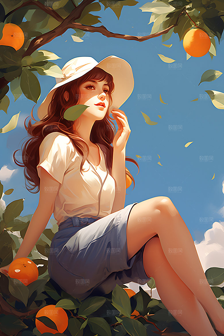 果树上的女孩秋季高清插画