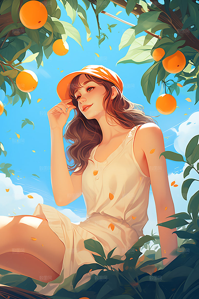 果树上的女孩自然秋天插画