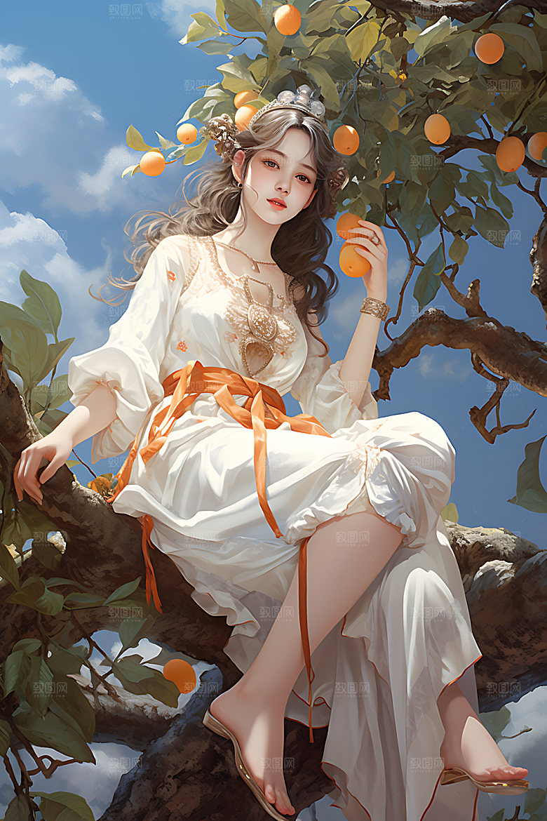 果树上的女孩可爱立秋插画