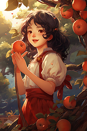 果树上的女孩可爱立秋插画