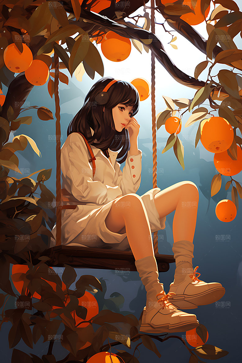 果树上的女孩高清秋季插画