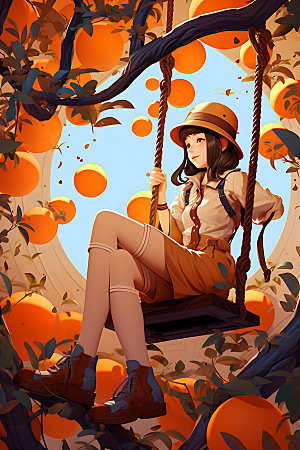 果树上的女孩少女立秋插画