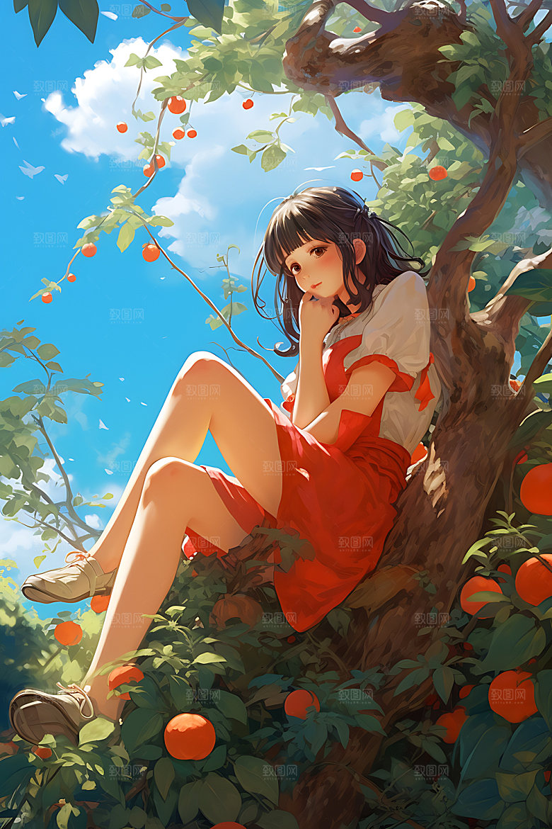 果树上的女孩立秋秋天插画