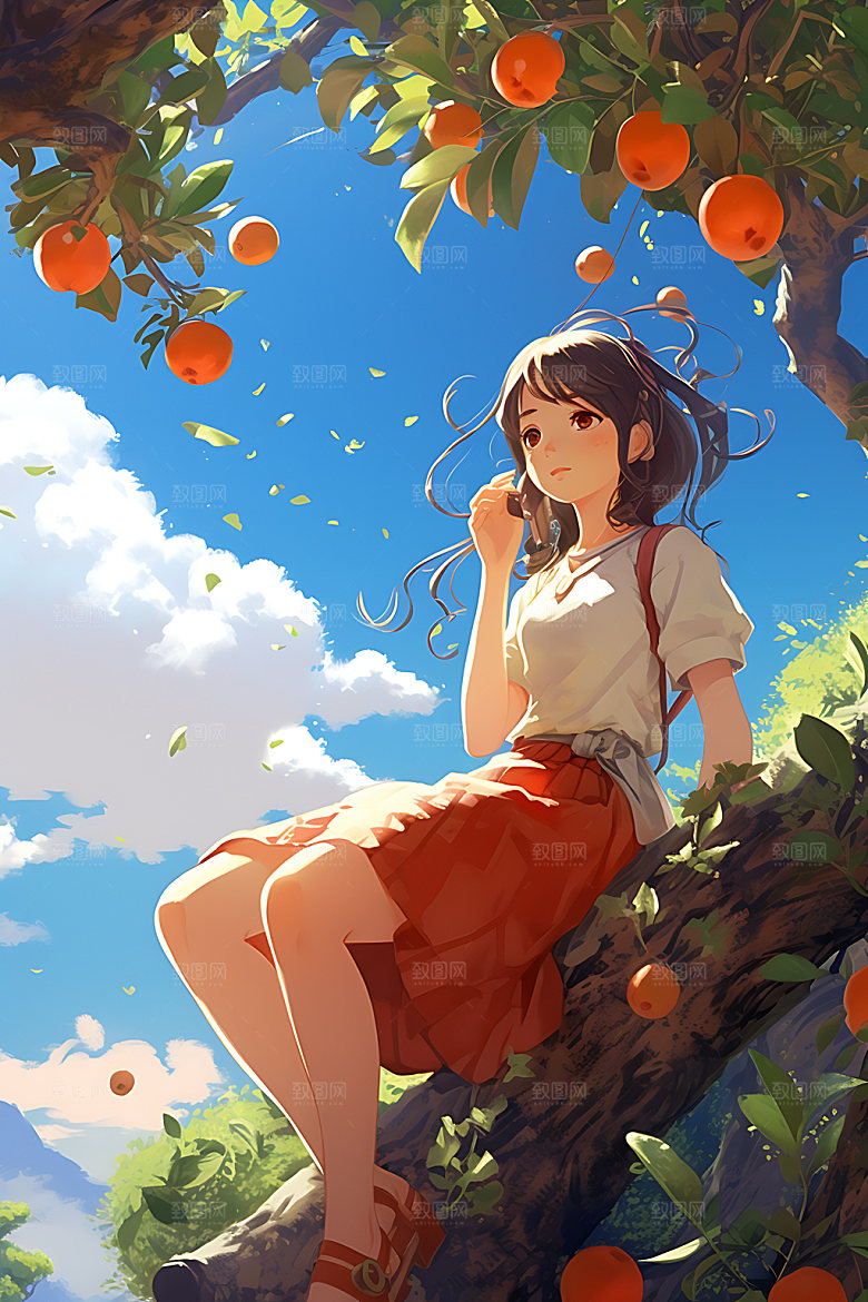果树上的女孩自然秋天插画