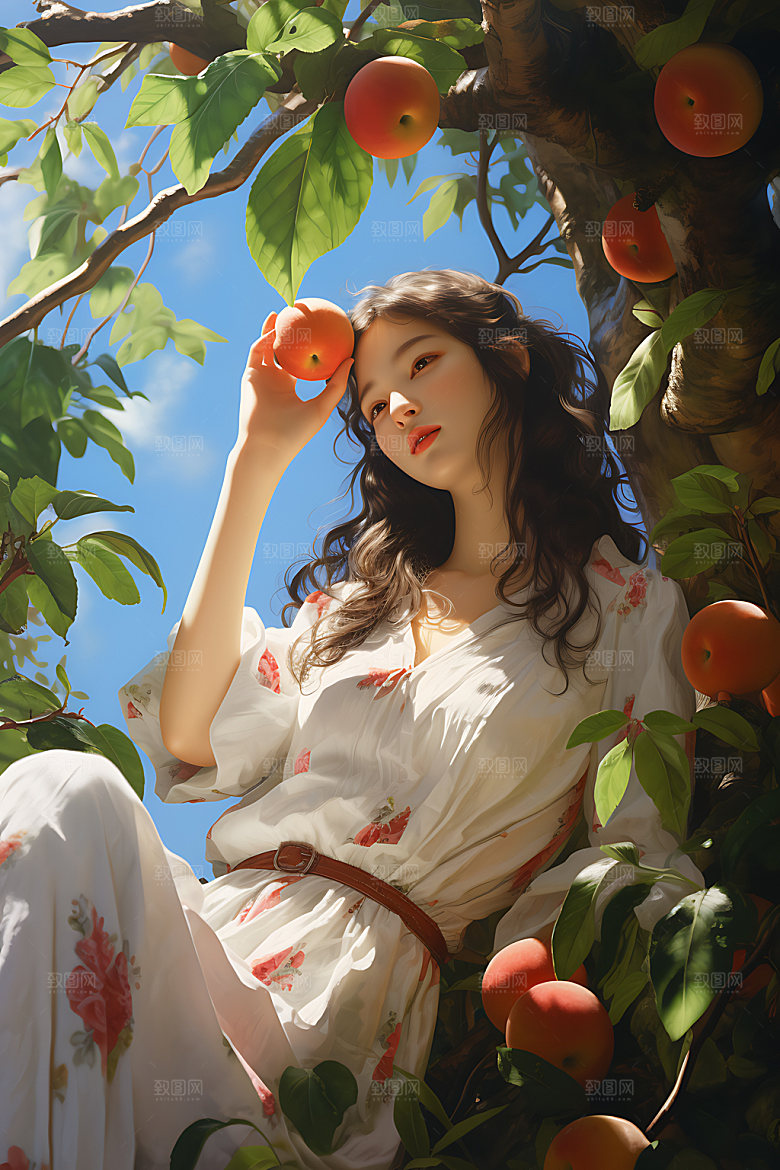 果树上的女孩秋季清新插画