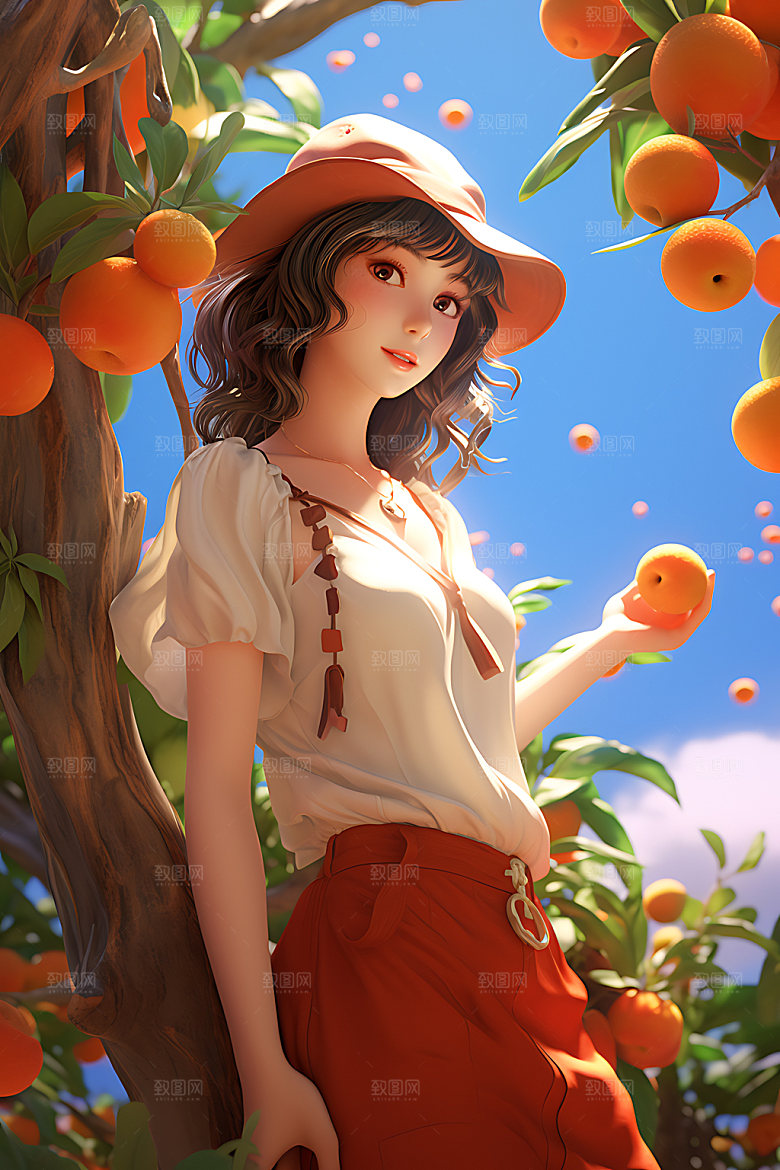 果树上的女孩可爱高清插画