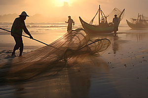 海边赶海逆光人物剪影摄影图