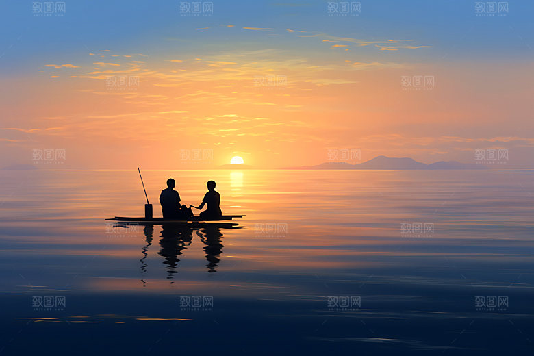 海边赶海逆光日出日落摄影图